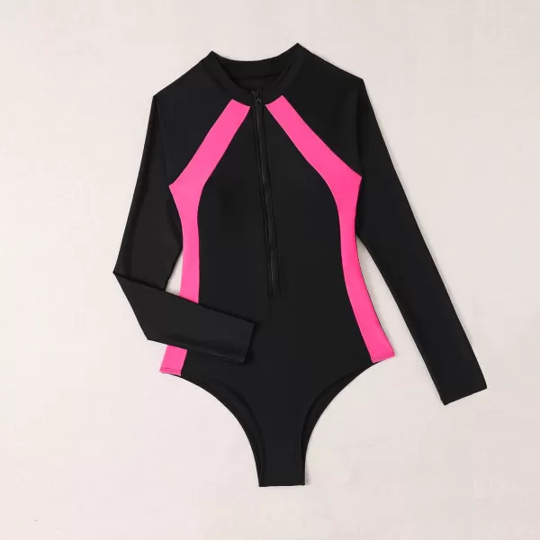 IDOPIP Women Rash Guard UPF 50 Long Sleeve One Piece Swimsuit Zipper Surfing Bathing Suit Color Block Monokini SwimwearBlack  Pink