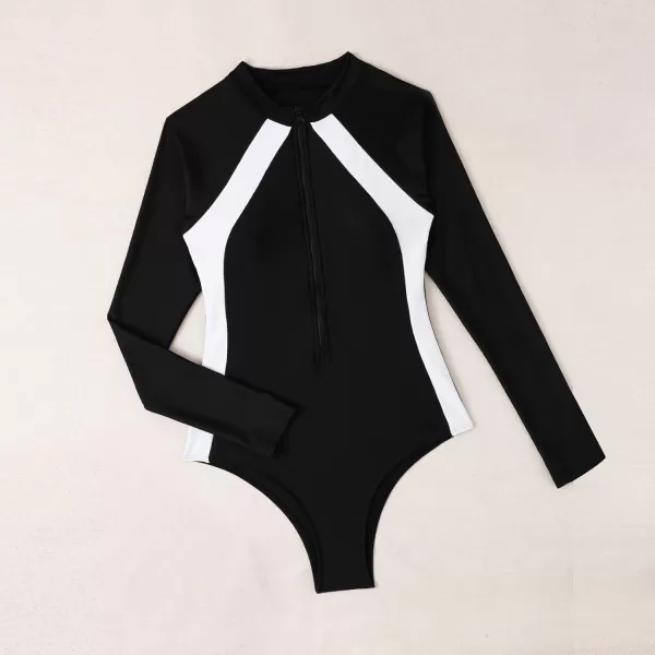IDOPIP Women Rash Guard UPF 50 Long Sleeve One Piece Swimsuit Zipper Surfing Bathing Suit Color Block Monokini SwimwearBlack  White