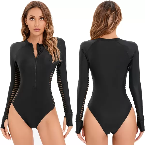 IDOPIP Women Rash Guard UPF 50 Long Sleeve One Piece Swimsuit Zipper Surfing Bathing Suit Color Block Monokini SwimwearBlack Striped