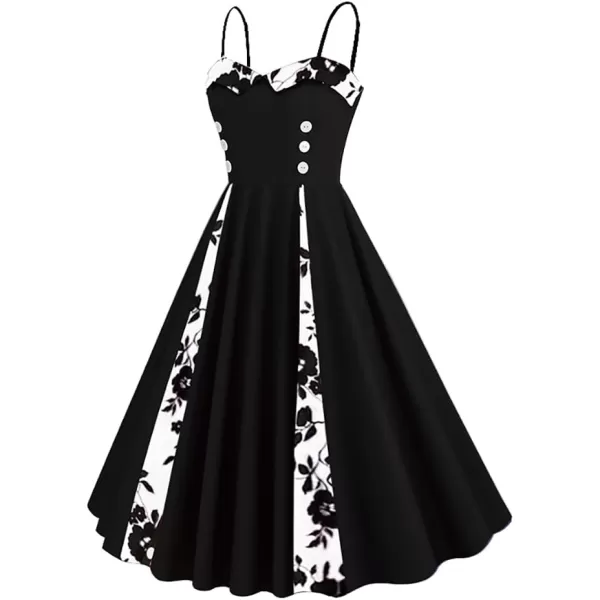 IDOPIP Women Vintage 1950s Retro Halter Cocktail Party Swing Dress Sleeveless Summer Wedding Guest Rockabilly Pinup DressesBlack Floral