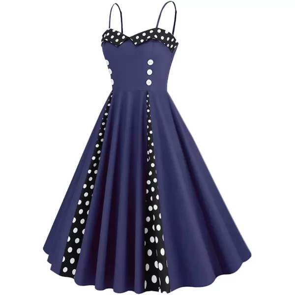 IDOPIP Women Vintage 1950s Retro Halter Cocktail Party Swing Dress Sleeveless Summer Wedding Guest Rockabilly Pinup DressesNavy Blue Polka Dot