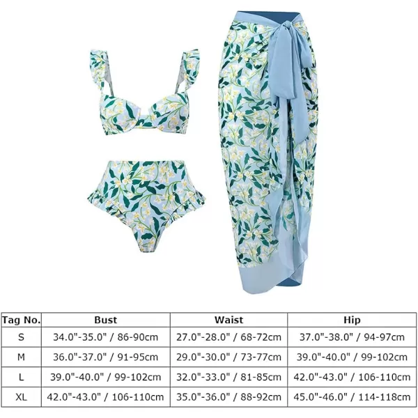 IDOPIP Womens 3 Pieces Swimsuit with Cover up Beach Skirt Sarongs and Two Piece Floral Printed Bikini Bra Set Bathing SuitBlue Floral 3pcs