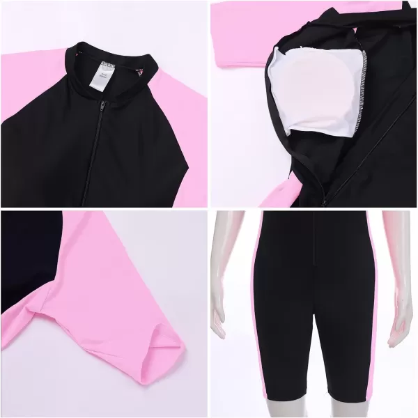 IDOPIP Womens One Piece Rash Guard Surfing Swimsuit Bathing Suit Long Sleeve Zipper UPF 50 Swimwear Athletic WetsuitPink  Black