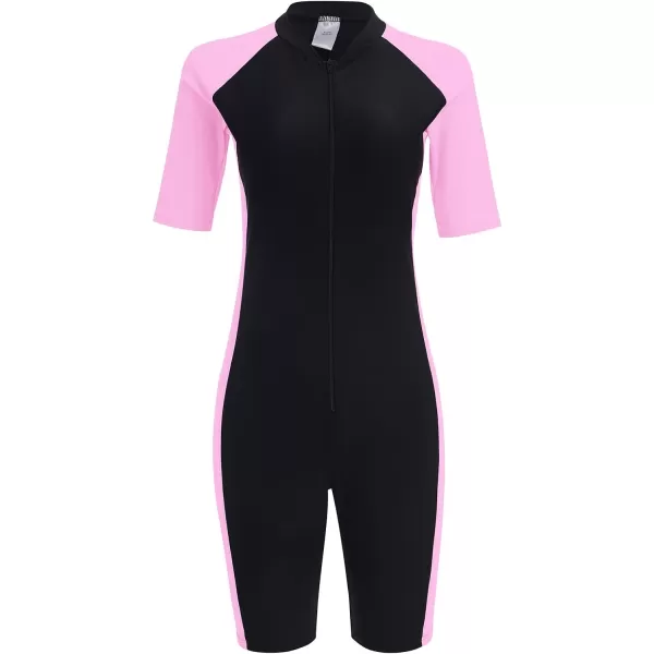 IDOPIP Womens One Piece Rash Guard Surfing Swimsuit Bathing Suit Long Sleeve Zipper UPF 50 Swimwear Athletic WetsuitPink  Black