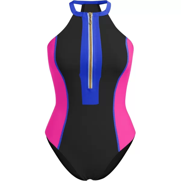 IDOPIP Womens One Piece Swimsuit Bathing Suit Tummy Control Color Block Swimwear Halter Front Zipper Monokini Beachwear SuitsBlack  Hot Pink