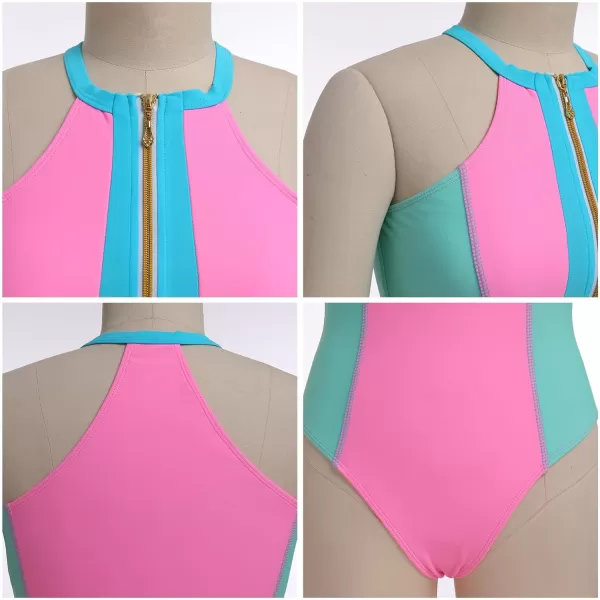 IDOPIP Womens One Piece Swimsuit Bathing Suit Tummy Control Color Block Swimwear Halter Front Zipper Monokini Beachwear SuitsPink  Blue