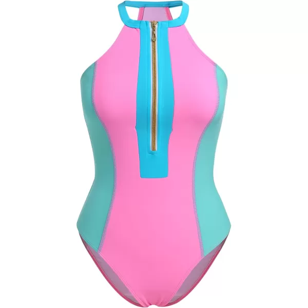 IDOPIP Womens One Piece Swimsuit Bathing Suit Tummy Control Color Block Swimwear Halter Front Zipper Monokini Beachwear SuitsPink  Blue