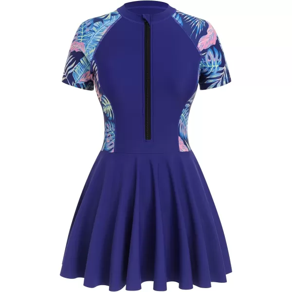 IDOPIP Womens One Piece Swimsuit Dress Tummy Control Swimwear Swimdress Leaves Print Rash Guard Zipper Surfing Bathing SuitDark Blue