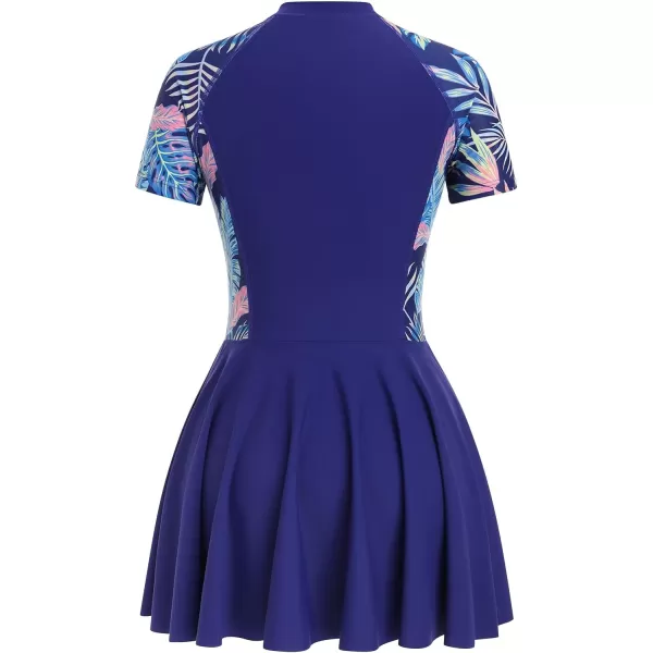 IDOPIP Womens One Piece Swimsuit Dress Tummy Control Swimwear Swimdress Leaves Print Rash Guard Zipper Surfing Bathing SuitDark Blue