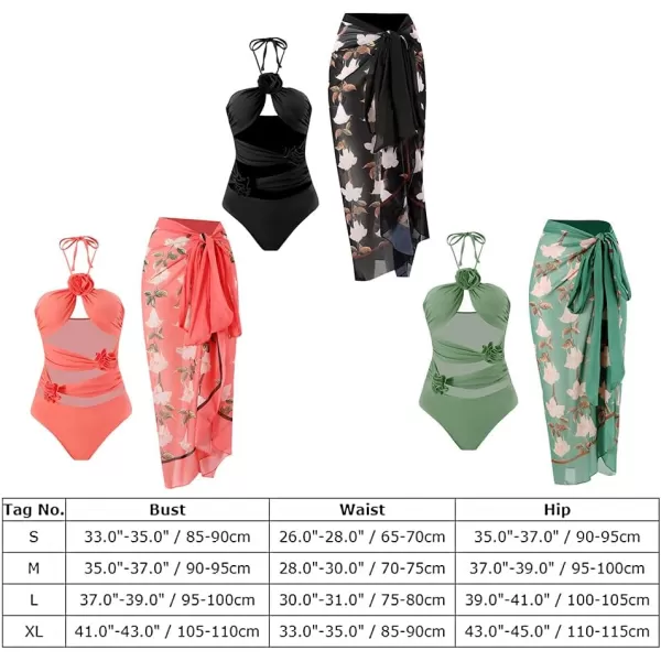 IDOPIP Womens One Piece Swimsuit with Beach Cover up Wrap Skirt Sarong Halter Floral Print Bikini Set Two Piece Bathing SuitCoral  Halter