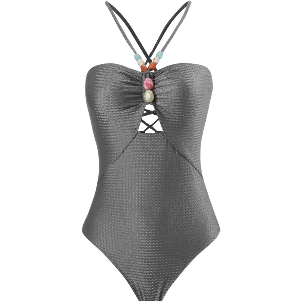 IDOPIP Womens One Piece Swimsuit with Beach Cover up Wrap Skirt Sarong Halter Floral Print Bikini Set Two Piece Bathing SuitGray  Halter Tie