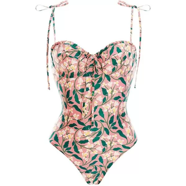 IDOPIP Womens One Piece Swimsuit with Beach Cover up Wrap Skirt Sarong Halter Floral Print Bikini Set Two Piece Bathing SuitPink  Spaghetti Straps