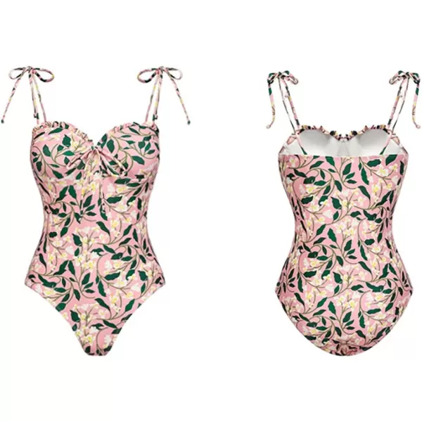 IDOPIP Womens One Piece Swimsuit with Beach Cover up Wrap Skirt Sarong Halter Floral Print Bikini Set Two Piece Bathing SuitPink  Spaghetti Straps