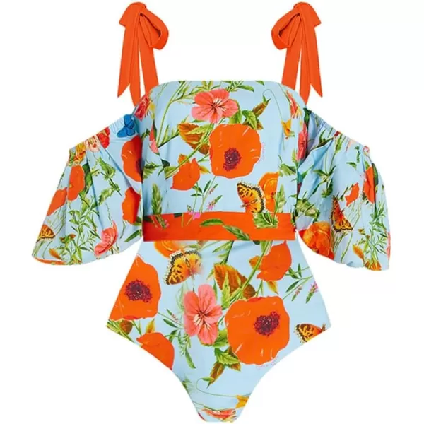 IDOPIP Womens One Piece Swimsuit with Beach Cover up Wrap Skirt Sarong Retro Floral Print Bikini Set Two Piece Bathing SuitBlue  Orange Floral