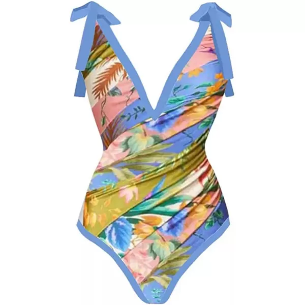 IDOPIP Womens One Piece Swimsuit with Beach Cover up Wrap Skirt Sarong Retro Floral Print Bikini Set Two Piece Bathing SuitBlue Floral Ruffle