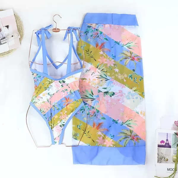 IDOPIP Womens One Piece Swimsuit with Beach Cover up Wrap Skirt Sarong Retro Floral Print Bikini Set Two Piece Bathing SuitBlue Floral Ruffle