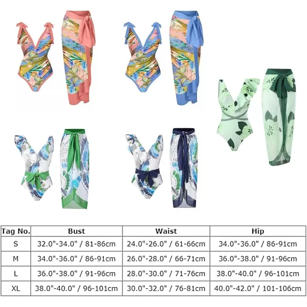 IDOPIP Womens One Piece Swimsuit with Beach Cover up Wrap Skirt Sarong Retro Floral Print Bikini Set Two Piece Bathing SuitBlue Floral Ruffle