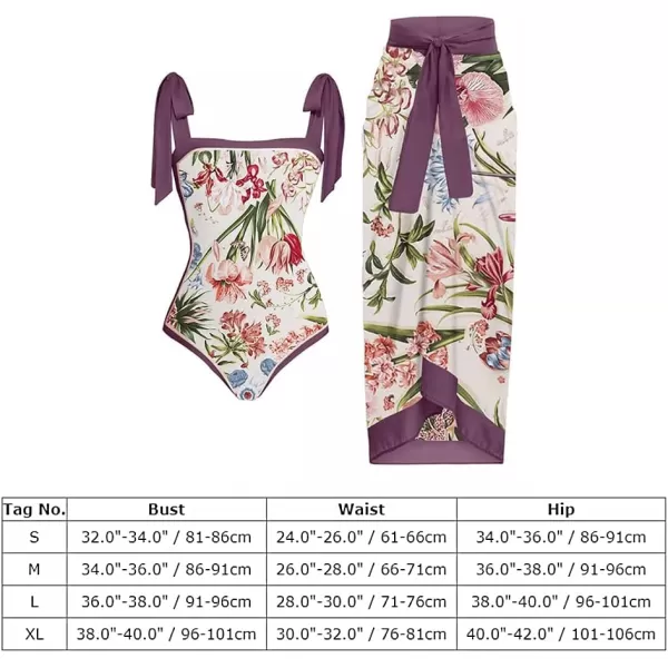 IDOPIP Womens One Piece Swimsuit with Beach Cover up Wrap Skirt Sarong Retro Floral Print Bikini Set Two Piece Bathing SuitDark Purple Floral