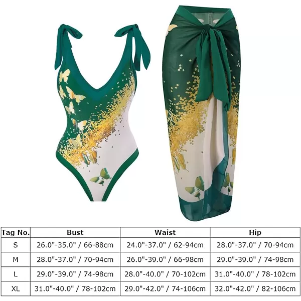 IDOPIP Womens One Piece Swimsuit with Beach Cover up Wrap Skirt Sarong Retro Floral Print Bikini Set Two Piece Bathing SuitGreen Butterfly