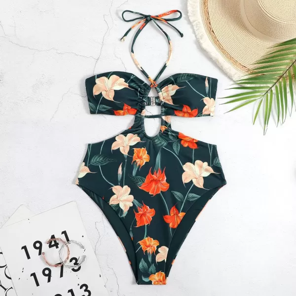 IDOPIP Womens One Piece Swimsuit with Beach Cover up Wrap Skirt Sarong Retro Floral Print Bikini Set Two Piece Bathing SuitGreen Floral  Halter