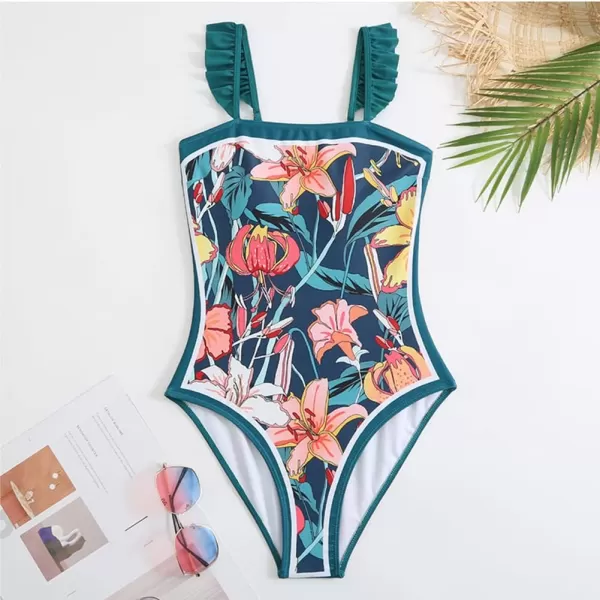 IDOPIP Womens One Piece Swimsuit with Beach Cover up Wrap Skirt Sarong Retro Floral Print Bikini Set Two Piece Bathing SuitGreen Floral  Ruffle Straps