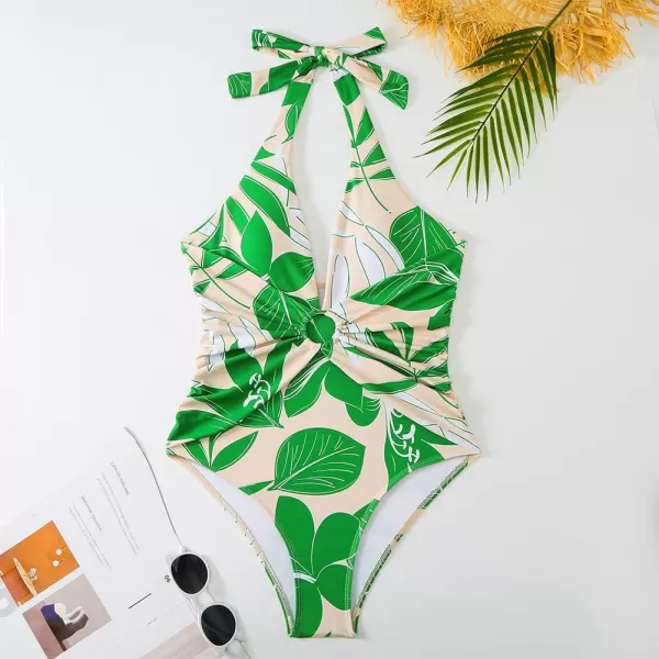 IDOPIP Womens One Piece Swimsuit with Beach Cover up Wrap Skirt Sarong Retro Floral Print Bikini Set Two Piece Bathing SuitGreen Leaves  Halter 2pcs