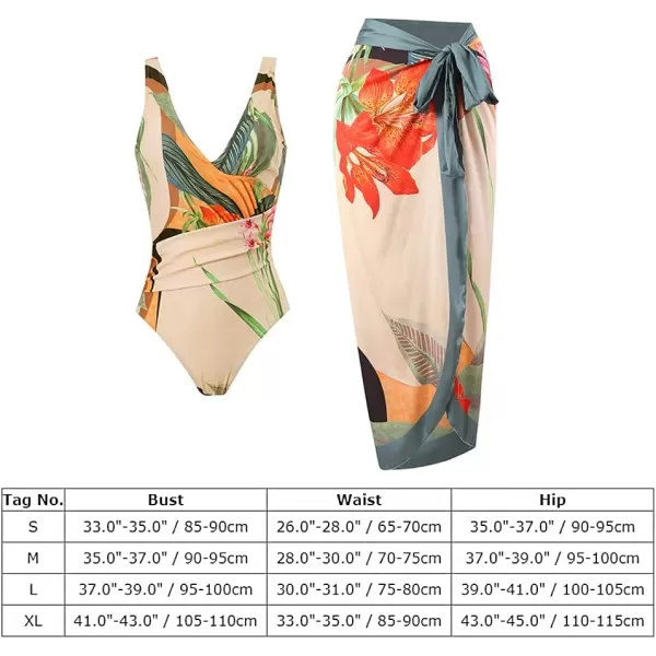 IDOPIP Womens One Piece Swimsuit with Beach Cover up Wrap Skirt Sarong Retro Floral Print Bikini Set Two Piece Bathing SuitLight Apricot Floral