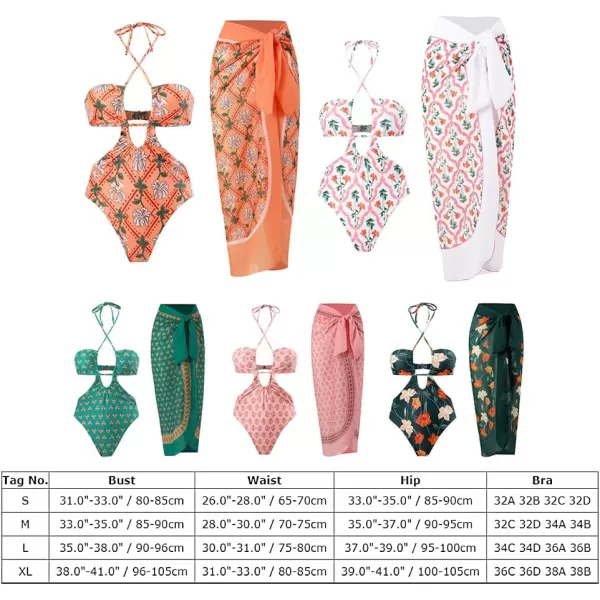 IDOPIP Womens One Piece Swimsuit with Beach Cover up Wrap Skirt Sarong Retro Floral Print Bikini Set Two Piece Bathing SuitOrange  Halter