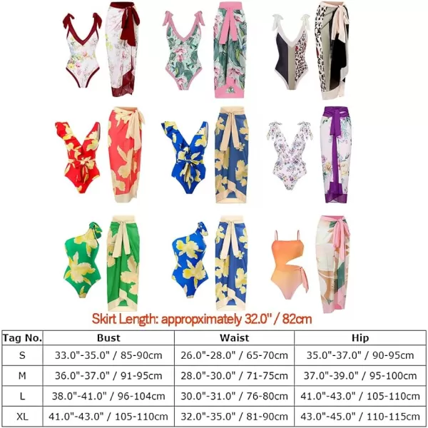 IDOPIP Womens One Piece Swimsuit with Beach Cover up Wrap Skirt Sarong Retro Floral Print Bikini Set Two Piece Bathing SuitPink  Green Floral