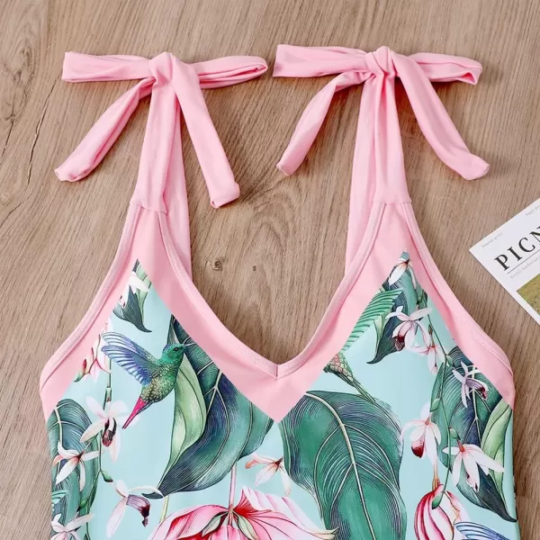 IDOPIP Womens One Piece Swimsuit with Beach Cover up Wrap Skirt Sarong Retro Floral Print Bikini Set Two Piece Bathing SuitPink  Green Floral