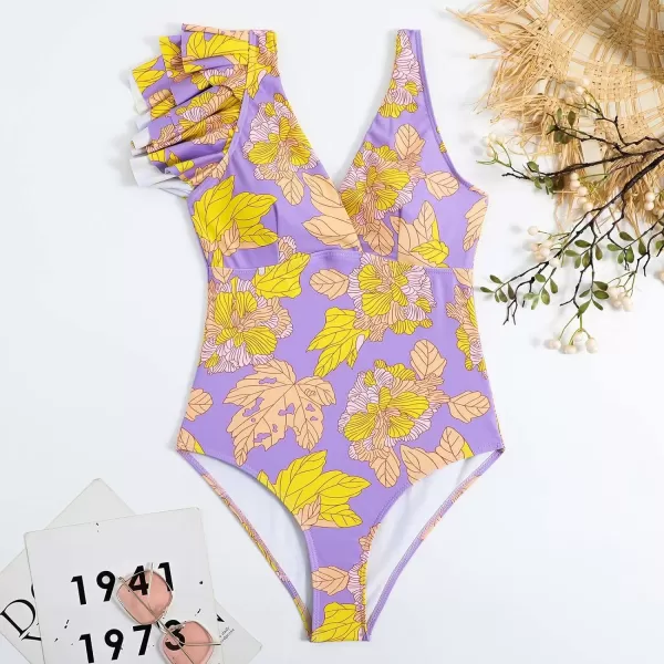 IDOPIP Womens One Piece Swimsuit with Beach Cover up Wrap Skirt Sarong Retro Floral Print Bikini Set Two Piece Bathing SuitPurple  Yellow Floral