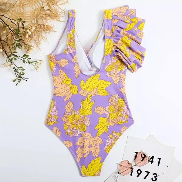 IDOPIP Womens One Piece Swimsuit with Beach Cover up Wrap Skirt Sarong Retro Floral Print Bikini Set Two Piece Bathing SuitPurple  Yellow Floral