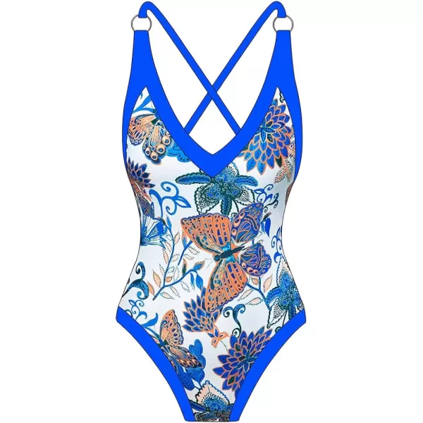 IDOPIP Womens One Piece Swimsuit with Beach Cover up Wrap Skirt Sarong Retro Floral Print Bikini Set Two Piece Bathing SuitRoyal Blue Butterfly  Floral