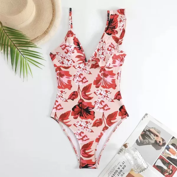 IDOPIP Womens One Piece Swimsuit with Beach Cover up Wrap Skirt Sarong Retro Floral Print Bikini Set Two Piece Bathing SuitsRed Floral