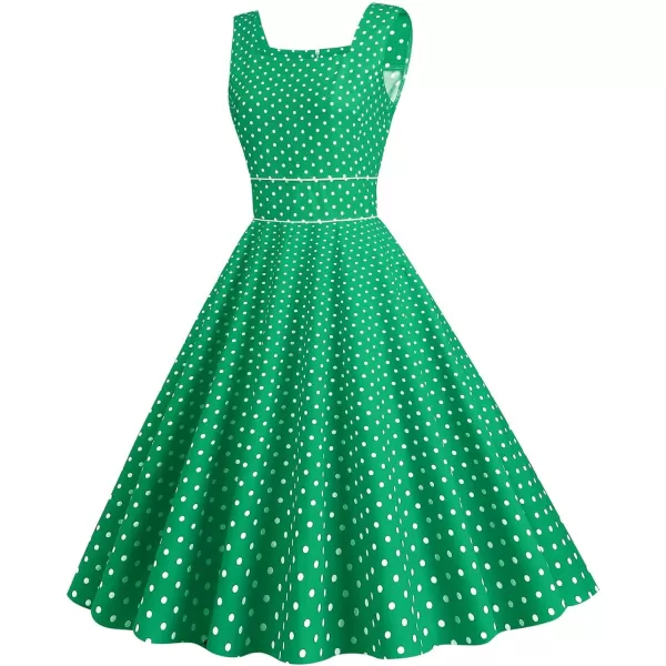 IDOPIP Womens Polka Dot Vintage Cocktail Party Swing Dress 1950s Retro Sleeveless Wedding Summer Casual Aline Midi DressesGreen