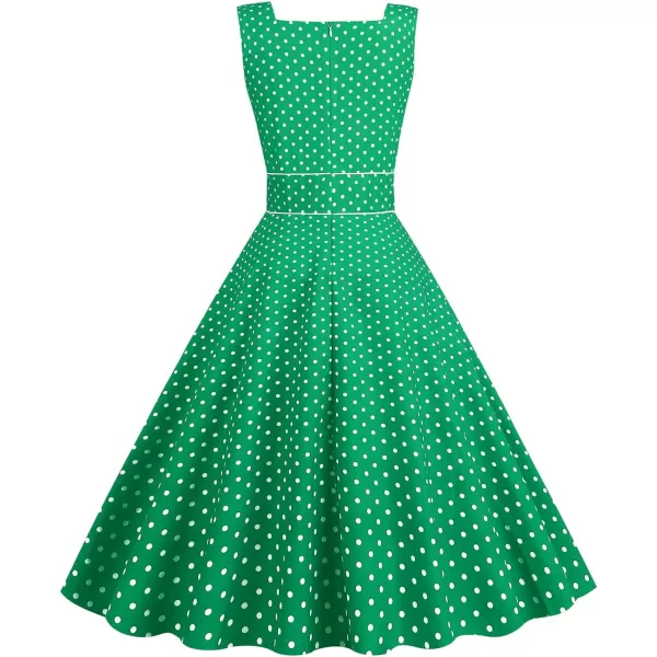 IDOPIP Womens Polka Dot Vintage Cocktail Party Swing Dress 1950s Retro Sleeveless Wedding Summer Casual Aline Midi DressesGreen