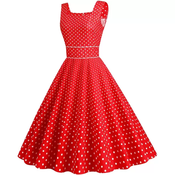 IDOPIP Womens Polka Dot Vintage Cocktail Party Swing Dress 1950s Retro Sleeveless Wedding Summer Casual Aline Midi DressesRed