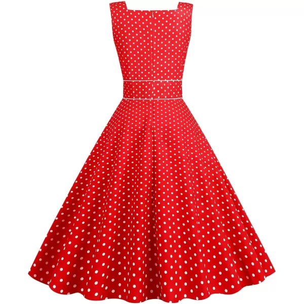 IDOPIP Womens Polka Dot Vintage Cocktail Party Swing Dress 1950s Retro Sleeveless Wedding Summer Casual Aline Midi DressesRed