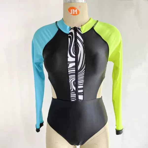 IDOPIP Womens Rash Guard One Piece Bathing Suit Tummy Control Swimsuits Zip Front Monokini Color Block Rash Guard SwimwearBlack  Fluorescent Green