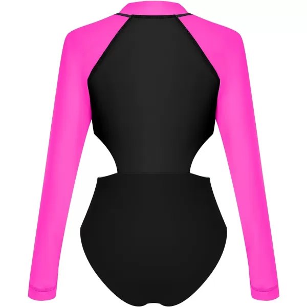 IDOPIP Womens Rash Guard One Piece Bathing Suit Tummy Control Swimsuits Zip Front Monokini Color Block Rash Guard SwimwearBlack  Hot Pink