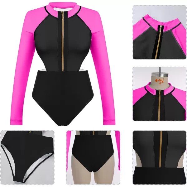 IDOPIP Womens Rash Guard One Piece Bathing Suit Tummy Control Swimsuits Zip Front Monokini Color Block Rash Guard SwimwearBlack  Hot Pink