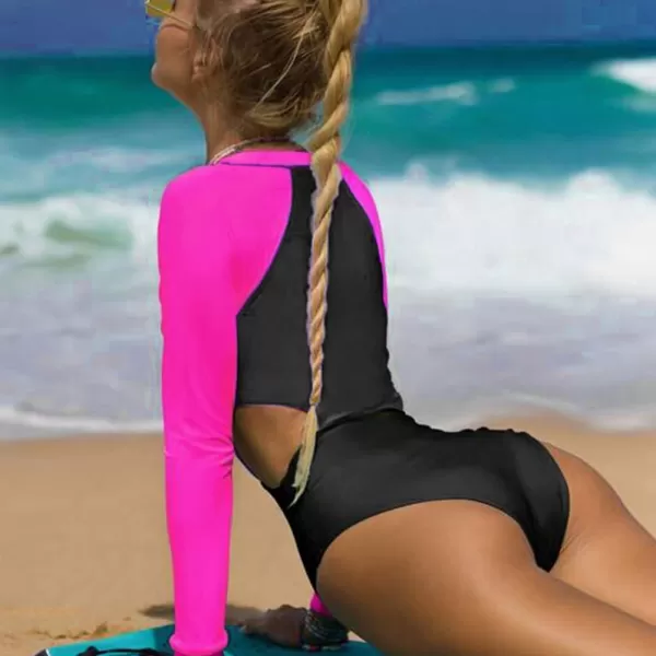 IDOPIP Womens Rash Guard One Piece Bathing Suit Tummy Control Swimsuits Zip Front Monokini Color Block Rash Guard SwimwearBlack  Hot Pink