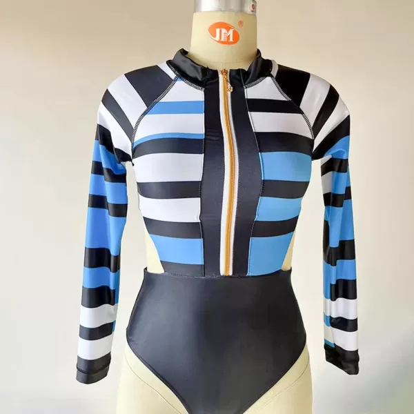 IDOPIP Womens Rash Guard One Piece Bathing Suit Tummy Control Swimsuits Zip Front Monokini Color Block Rash Guard SwimwearBlue Striped