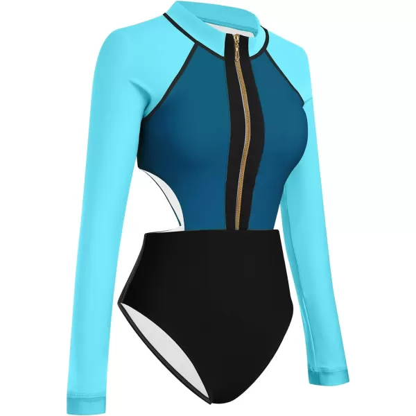IDOPIP Womens Rash Guard One Piece Bathing Suit Tummy Control Swimsuits Zip Front Monokini Color Block Rash Guard SwimwearDark Blue  Blue