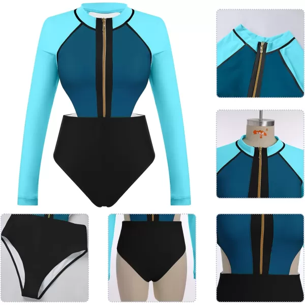 IDOPIP Womens Rash Guard One Piece Bathing Suit Tummy Control Swimsuits Zip Front Monokini Color Block Rash Guard SwimwearDark Blue  Blue