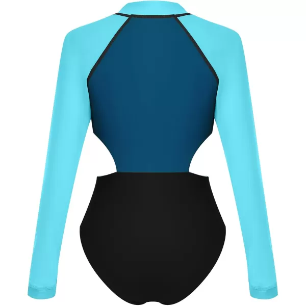 IDOPIP Womens Rash Guard One Piece Bathing Suit Tummy Control Swimsuits Zip Front Monokini Color Block Rash Guard SwimwearDark Blue  Blue