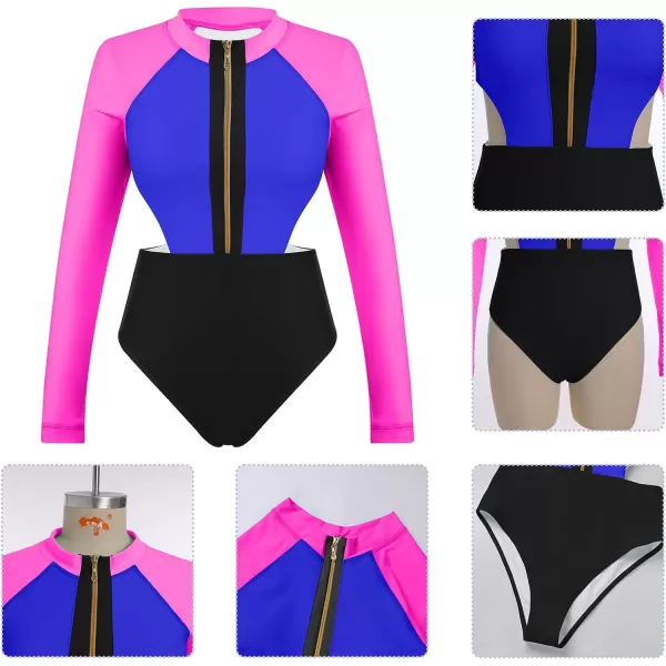 IDOPIP Womens Rash Guard One Piece Bathing Suit Tummy Control Swimsuits Zip Front Monokini Color Block Rash Guard SwimwearDark Blue  Hot Pink