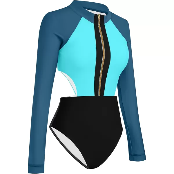 IDOPIP Womens Rash Guard One Piece Bathing Suit Tummy Control Swimsuits Zip Front Monokini Color Block Rash Guard SwimwearDark Cyan  Blue