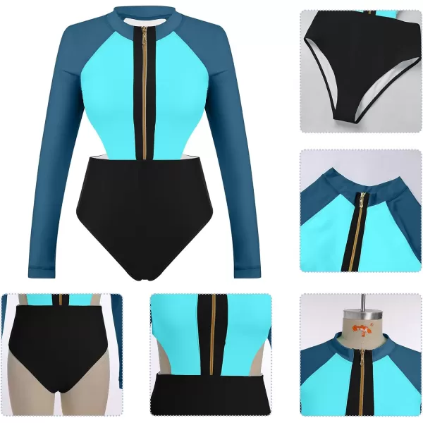 IDOPIP Womens Rash Guard One Piece Bathing Suit Tummy Control Swimsuits Zip Front Monokini Color Block Rash Guard SwimwearDark Cyan  Blue