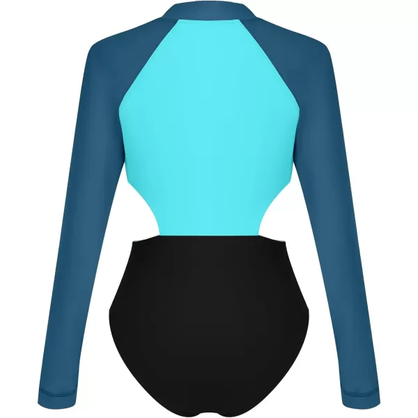 IDOPIP Womens Rash Guard One Piece Bathing Suit Tummy Control Swimsuits Zip Front Monokini Color Block Rash Guard SwimwearDark Cyan  Blue